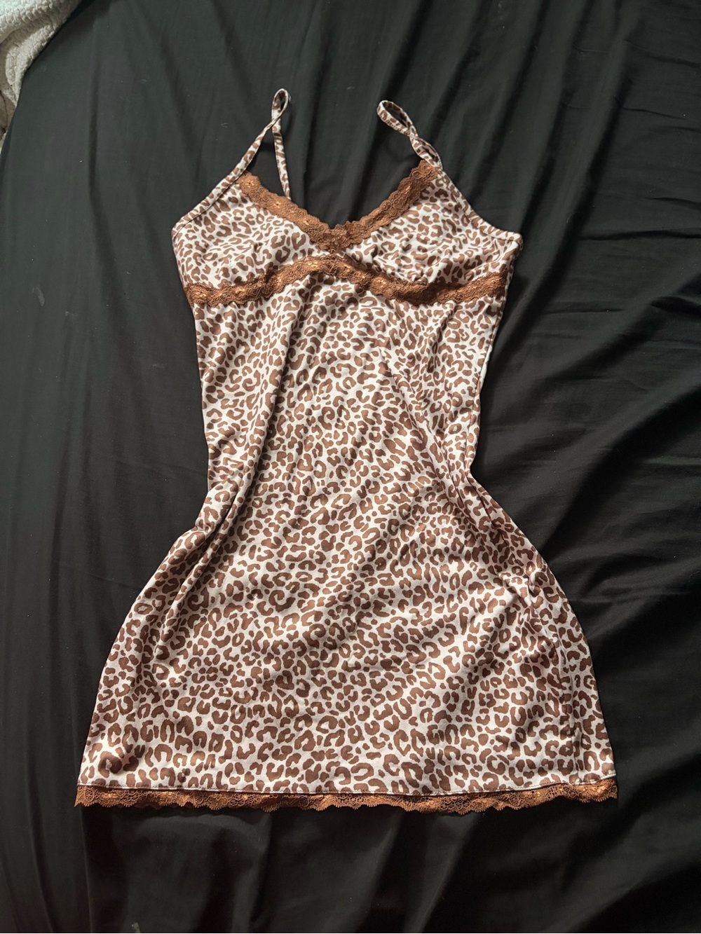 Leopard Print Lace-Trim Slip Dress in Brown